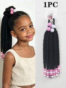 1pc Kids Braided Ponytails For Girls Box Braid Ponytail Hair Extension Synthetic Beads In The End - Black - View 11