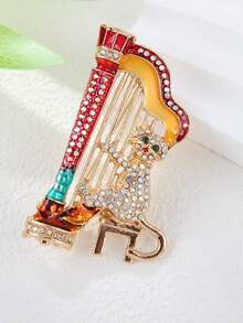 1pc Elastic Harp Cat Brooch, Creative Personalized Pin, High-End Jewelry Clothing Accessory - Piano-playing Cat - View 4