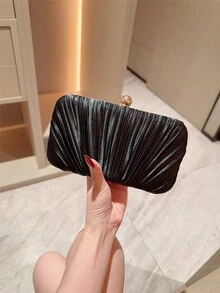 1pc Gold Glitter Leather Box Clutch Evening Bag, Fashion Luxury Party Handbag, Formal Evening Bag, Ball Clutch, Chain Crossbody Bag, Square Bag - Black - View 6