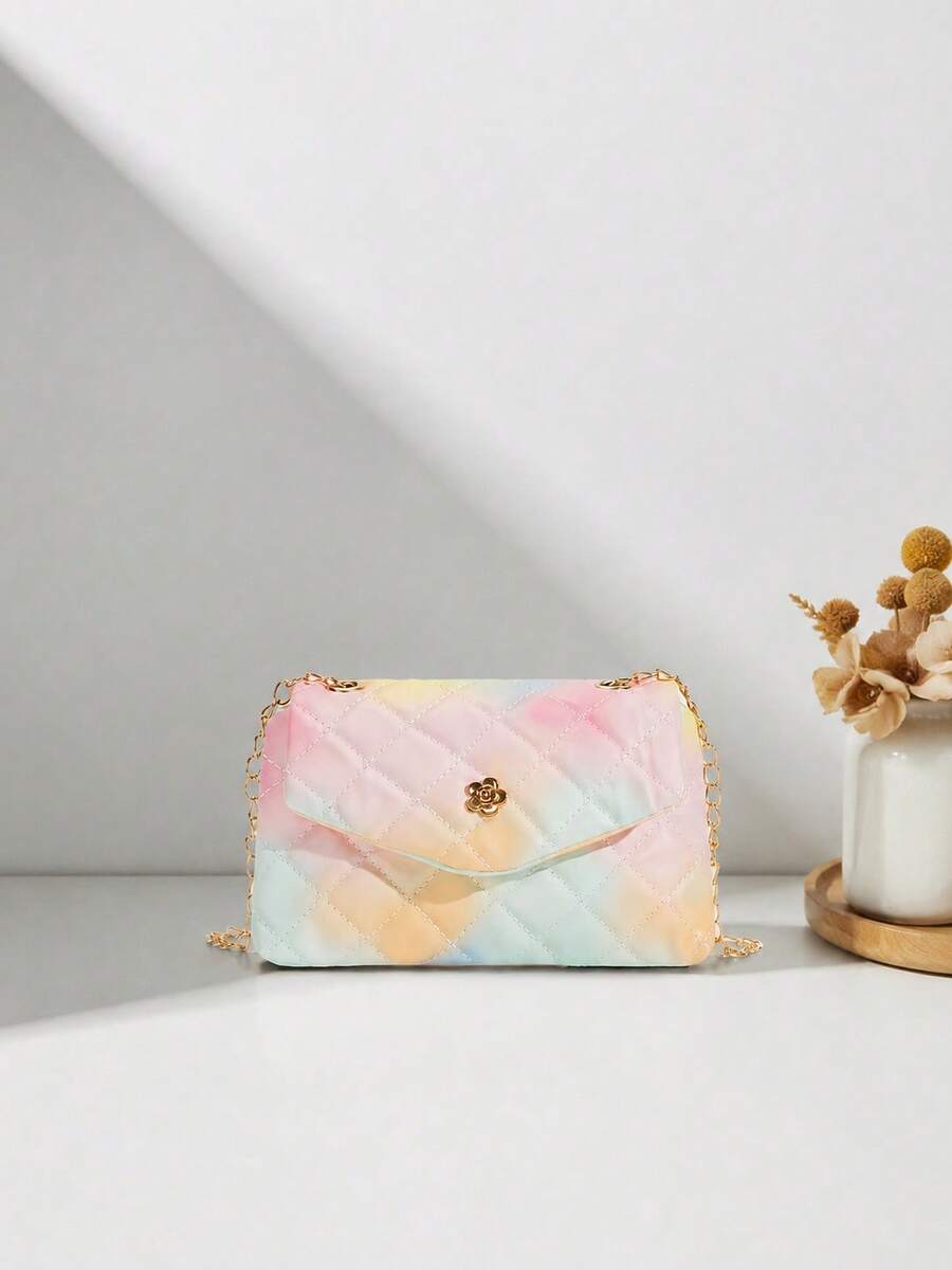1 buah Tas Selempang Rantai Lipat Kasual Berbahan Quilted untuk Anak Perempuan, Tas Bahu Kecil, Cocok untuk Penggunaan Sehari-hari dan Liburan, Pilihan Hadiah yang Ideal - Warna pewarna dasi - View 1