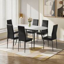 Dining Table And Chairs Set 6, Extendable Table With 6 Faux Leather Chairs For Dining Room, Kitchen, 6 Seater Room Set - White Marble Table + 6 Black PU Chairs - View 2