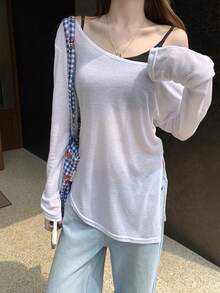 Korean Style Loose Asymmetrical Shoulder Slit Design Sun Protection Cover-Up T-Shirt Top For Women - White - View 3