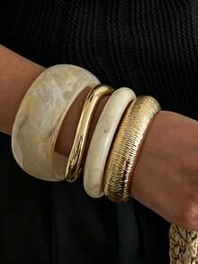4pcs/1pc Vintage Minimalist Punk Style Women's Acrylic And CCB Textured Bracelet Set, Suitable For Dating, Vacation, Gift, Party, Daily Wear, Stackable, Perfect Choice - Gold - View 2