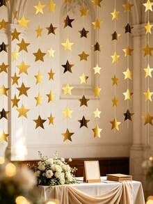 33/66pcs/String Gold Star Hanging Banner, Double-Sided Shiny Stars, Suitable For Wedding, Engagement, Birthday, Graduation Party And Other Occasions Photo Backdrop Decoration - Gold - View 7