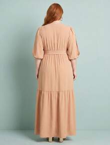 FASHION MIX PREMIUM Elegant Long Dress With Slit And Ruffle Hem, 3/4 Puff Sleeves With V-Neckline And Tie At The Waist, Women's Plus Size - 米色 - 查看 5