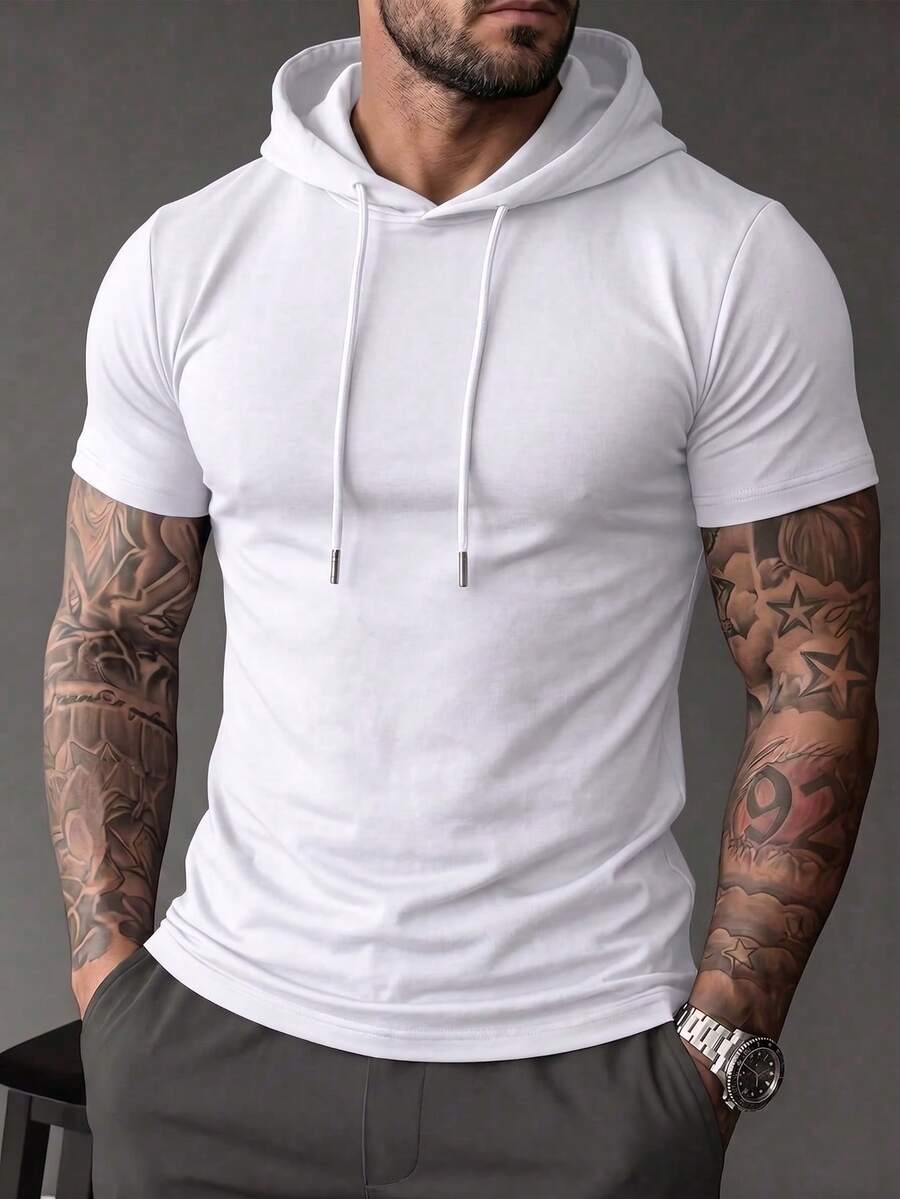 Camiseta con capucha vintage de manga corta y peso ligero en color blanco para hombre, top deportivo casual con cordón, para el verano - Blanco - Ver 1