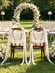 1pc Ivory Lace "Just Married" Chair Back Decor With Long Satin Ribbon Bow, Suitable For Groom & Bride Banquet Chairs, Church Ceremony, Bridal Party, Wedding Couple Chairs Decoration And Photo Backdrop Chair Decor - Off-white - View 2