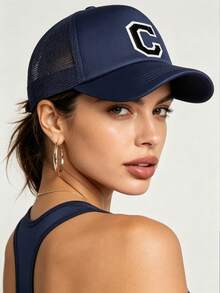 1pc Unisex Printed Mesh Baseball Cap, Breathable Adjustable Trucker Hat, Suitable For Summer Beach, Golf, Running, Daily Wear - Navy Blue - View 4