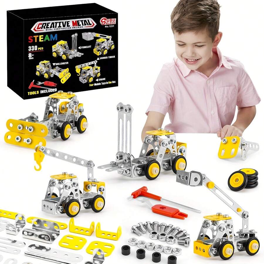 Stem Building Toys, Metal Engineering Vehicles Model Kit, 330 PCS Erector Sets For Boys , 4 Models Construction Vehicles Learning Toy Metal Models - Yellow - View 1