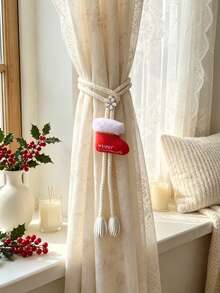 2pcs/Pack Christmas Cotton Rope Curtain Tiebacks, Reindeer / Santa Claus / Christmas Tree / Christmas Stocking / Snowman / Bow Bell Tassel Holiday Curtain Tie-Backs - Christmas Edition - View 12