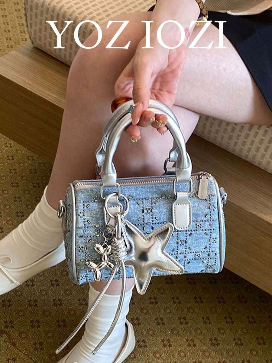 Japanese & Korean Style Niche Design Ins Style Star Pattern Handbag, Commuting, Outing, Daily Shopping, New Versatile Fashion Minimalist Denim Pillow Bag, Korean Version Chic Handbag, Shoulder Bag, Crossbody Bag - Dusty Blue - View 1