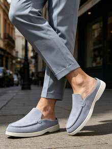 Mocasines tipo mule de ante para hombre, zapatos de caminar estilo británico sin cordones, mocasines de lujo color caqui, mocasines planos casual de negocios - Caqui - Ver 1