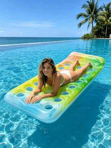 1 pieza Flotador inflable de piscina de verano, material de PVC, diseño perforado con burbujas degradadas, cama flotante inflable, balsa de piscina, apto para uso en vacaciones y fiestas de piscina, bomba de aire enviada al azar - Cama flotante con agujero de burbuja - Ver 14