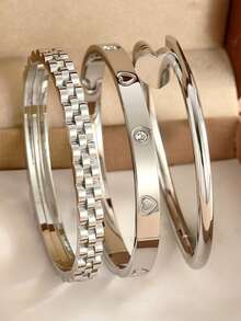 3/1pc Luxury Sparkling 304 Stainless Steel Women's Bracelet Set, Clover Bracelet Jewelry Set For Women. Vintage Classic Minimalist Style, Versatile Accessories, Suitable For Party, Valentine's Day Gift, Carnival, Music Festival, Street Style, Banquet - Silver - View 1