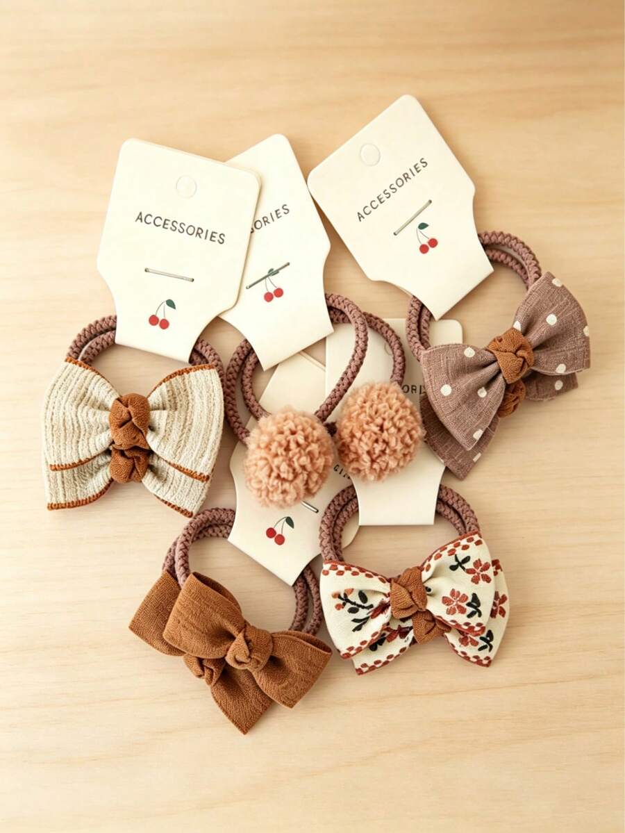 10pcs Children Elastic Bow Fabric Hair Ties, Floral & Ball Design, Suitable For Daily Use - Khaki - View 1