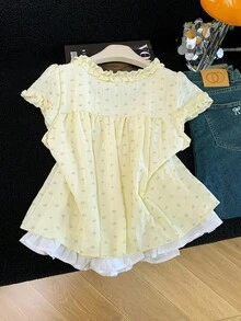 女款蕾絲拼接韓系碎花上衣 休閒甜美風 2合1背心式夏季蕾絲襯衫 黃色 - 黃色 - 查看 5