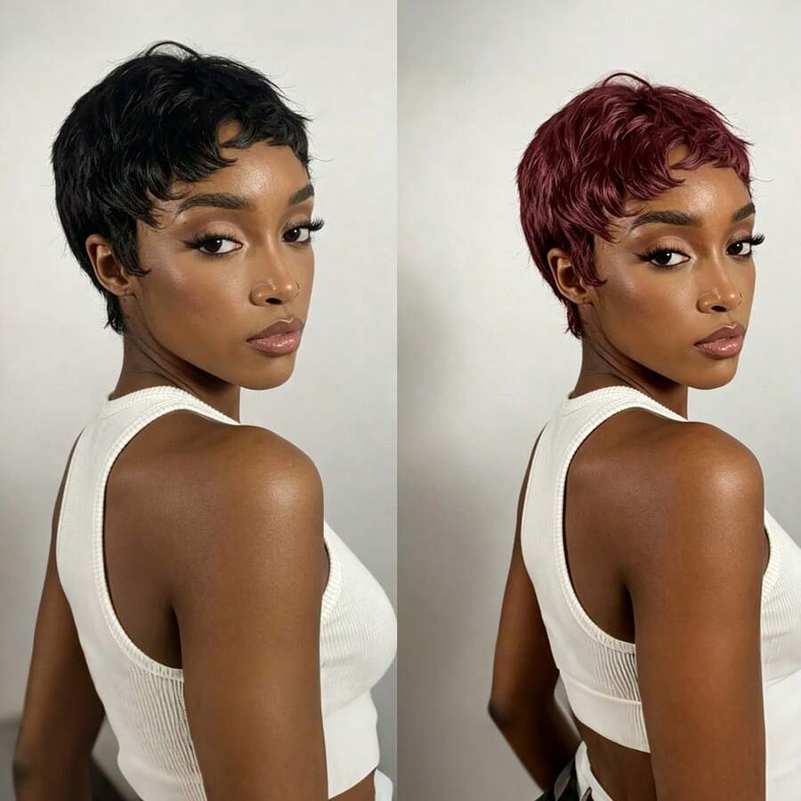Brazilian Remy Hair Machine Made Pixie Cut Wigs For Women Short Straight Human Hair Wig 4inch 150% Density Layered Hair Wigs For Daily Use Natural Color 1B And 99J# - Multicolor - View 1