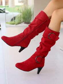 Herbst/Winter Neue europäische & amerikanische Stil Kniehohe Stiefel, Wildleder dünner hoher Absatz, Große Größen, Gürtelschnalle Wadenstiefel - Rot - Übersicht 2