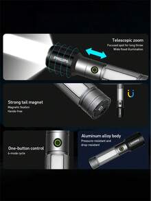 Senter Philips SFL2153 COD, Fokus Zoom, Lampu Samping COB, Strobo Peringatan Merah Biru, Basis Belakang Magnetik, Senter Darurat Multi-Mode - senter - View 10