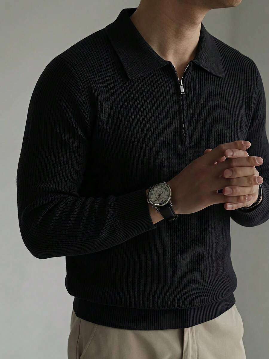 Men's Casual Solid Color Half-Zip Collar Ribbed Knit Sweater, Autumn/Winter, Long Sleeve Top