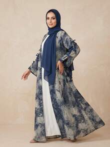 Hafizah 穆斯林女款端莊時尚雪紡印花兩件套，含希賈布，夏季休閒外套 - 藍色 - 查看 5