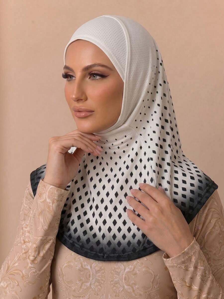 Hijab en maille de polyester respirant, hijab instantané imprimé, ourlet double couture, foulard de tête absorbant la transpiration pour le sport, le quotidien, les activités extérieures et la prière - style imprimé diamant - Voir 1
