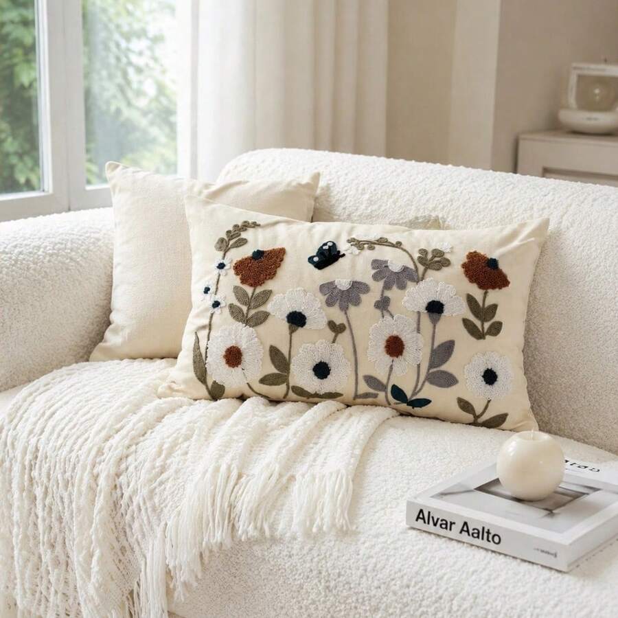 Vintage Floral Embroidery Cushion Cover, Boho Daisy Butterfly Decor Pillow Case,Decorative Cushion Case For Home Bedroom Decor, Living Room, Sofa, Bed, No Pillow Insert Included - Beige Butterfly - View 1