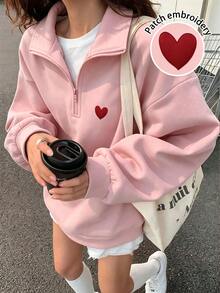 1pc Half-Zip Collared Sweatshirt For Teen Girl, Embroidered Patch Heart Pattern, Suitable For Spring, Summer, Autumn, Family Gatherings, Back To School, Sports And More - Pink - View 1