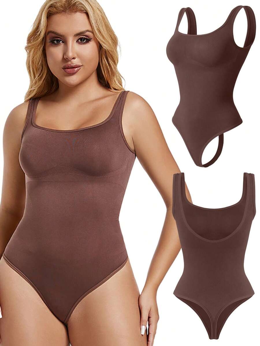 Seamless Women Thong Shapewear Bodysuit Tummy Control Compression Backless Body Shaper Tank Top Vest Underwear Undershirts Shirts Sleeveless - 棕色 - 查看 1