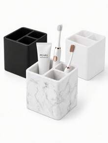 3-Slot Silicone Toothbrush Holder, Can Store Electric Toothbrush And Toothpaste, Non-Slip Base, Easy To Clean, Black/White/Marble Pattern - Multicolor - View 1
