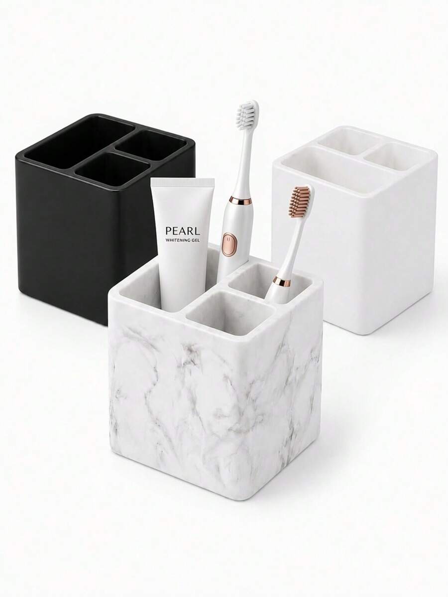 3-Slot Silicone Toothbrush Holder, Can Store Electric Toothbrush And Toothpaste, Non-Slip Base, Easy To Clean, Black/White/Marble Pattern - Multicolor - View 1