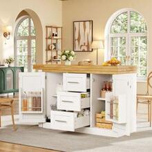 Multifunctional Kitchen Island With Extendable Tabletop, Convertible Countertop, 360° Adjustable Shelves, Snack Shelf, Magnetic Closure And Large Drawer. Modern Design, White. - White - View 3
