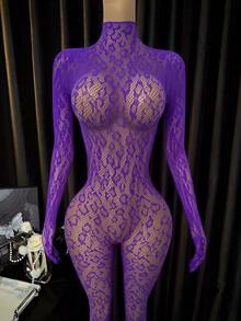 Women's Stand Collar Elastic Fishnet Long Sleeve Sexy Cutout Bodysuit - Purple - View 1