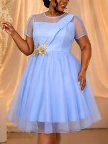 Plus Size Elegant Light Blue A Line Dress With Layered Tulle Sheer Short Sleeves Gold Applique Flowy Summer Wedding Guest Prom Party Dresses - Baby Blue - View 5