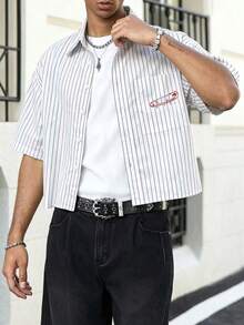 Men's Printed Street Style Striped Short Sleeve Shirt - White - View 5