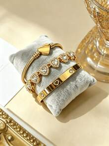3pcs/1pc 18K Gold Stainless Steel Heart-Shaped Bracelet Set, Heart Zirconia Bracelet, Fashion Jewelry Wristband Suitable For Women's Daily Wear And Gift Giving - Gold 7 - View 8