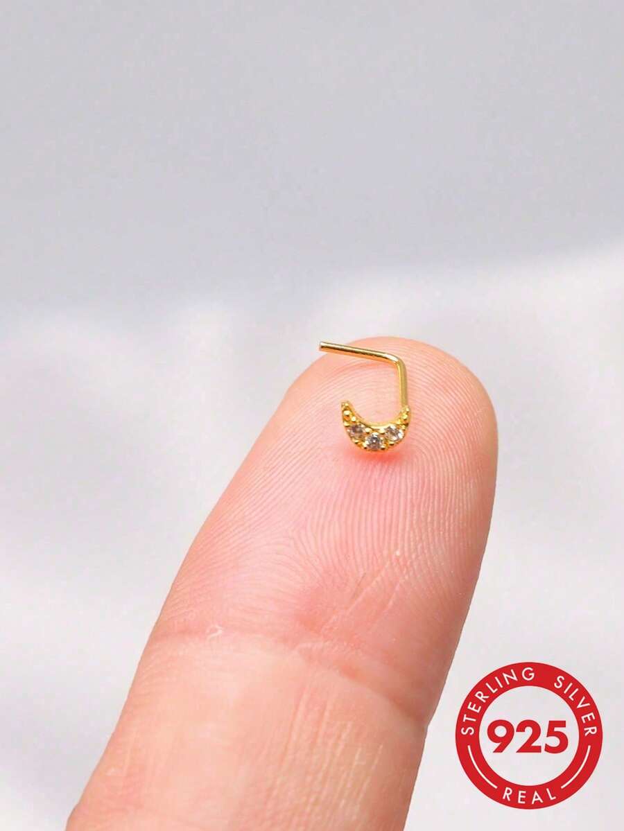 1件 24G 925纯银新月形鼻环/鼻钉,L形镀金鼻圈/穿孔饰品,男女皆宜 - 金色 - 查看 1