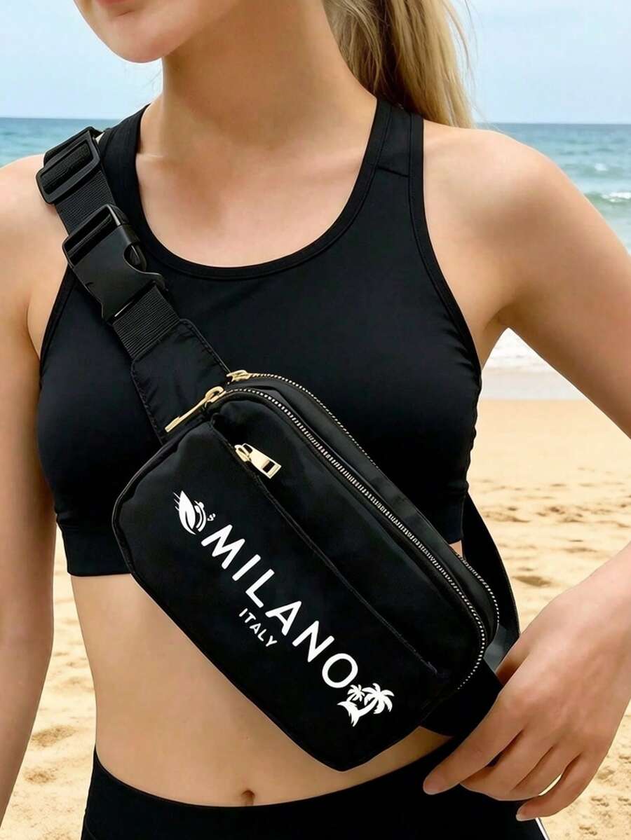 Bolsa Transversal com Alça de Ombro Ajustável, Estampada com "MILANO ITALIA" Árvore de Coco & Padrão de Letras, Bolsa Esportiva Multifuncional para Peito, Bolsa de Armazenamento Minimalista para Viagem, Adequada para Corrida, Caminhada, Fitness, Férias, Escritório e Outras Ocasiões, Bolsa de Cintura Multifuncional para Viagem, Armazenamento de Grande Capacidade, Presente de Aniversário, Presente do Dia do Professor, Presente de Volta às Aulas - Multicolorido - Visão 1