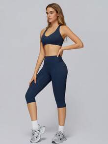 NcmRyu Women's 1pc Solid Color High Waist Tummy Control Butt Lifting Slim Fit Sports Shorts - Navy Blue - View 6