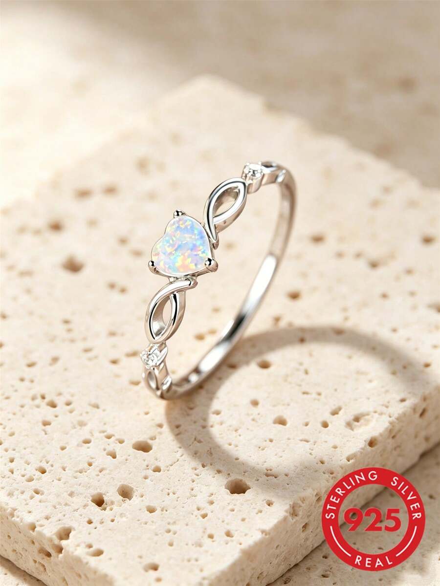 Exquisite Heart-Shaped Bezel-Set Opaline 925 Sterling Silver Ring - Engagement/Wedding Ring, Symbolizing Beautiful, Sweet And Eternal Love - Silver - View 1