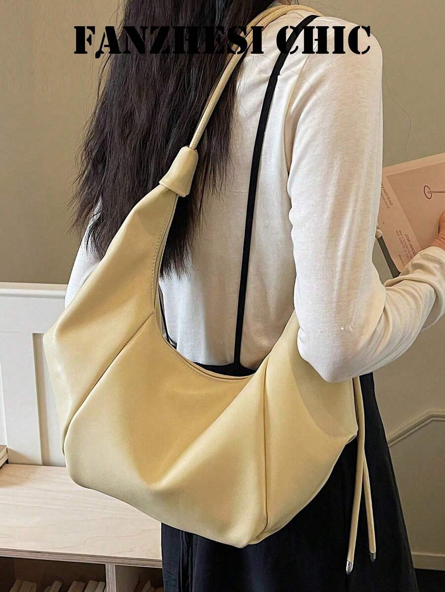 Einfarbige PU-Schultertasche, lockere asymmetrische Halbmondform, weich und elastisch, seitlich gerafftes Leder mit Kordelzug für reichhaltigen geschichteten Stil, reichlich Stauraum, geeignet für lässige Dates junger Frauen, tägliche Ausflüge von Büroangestellten, kurze Urlaubsreisen - Gelb - Übersicht 1