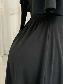 Plus Size Short Princess Dress, Loose Fit, With Gathered Neckline And Short Sleeves, Elegant, Sizes 46 To 56 - 黑色 - 查看 8