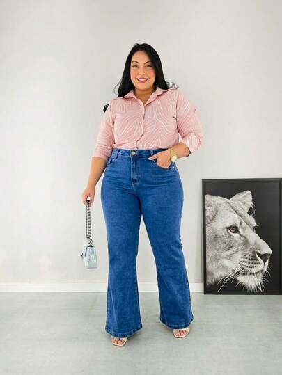 Calça Jeans Flare Feminina Moda Plus Size Cintura Alta com Lycra Tecido Premium Empina Bumbum 4 Bolsos