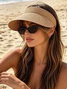 1pc Women's Straw Sun Hat, Wide Brim Open Top Sun Hat, UV Protection, Suitable For Beach And Outdoor Activities - Multicolor - View 6