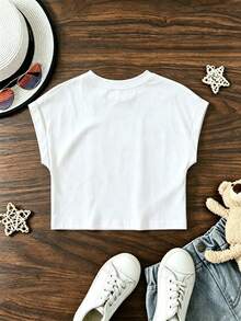 Tween Girl Girls' Rolled Sleeve Short T-Shirt, Graphic Print, Soft Breathable Loose Comfortable, Fun Cute Sweet Style, Girly Academic Style - White - View 3