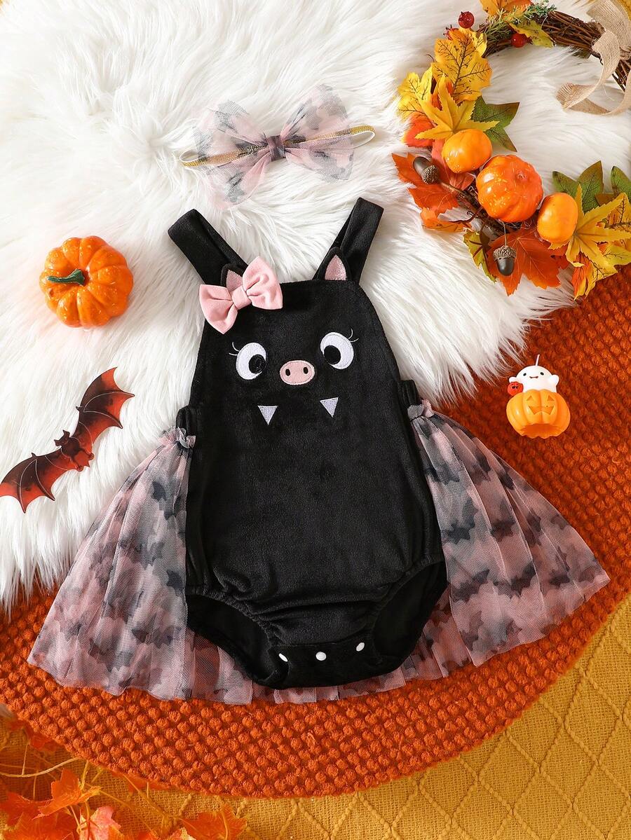 MYVLNA Baby Girl Halloween Cute Black Bat 3D Applique Embroidery Expression All-Over Print Bat Mesh Romper + Pink Matching Mesh Headband