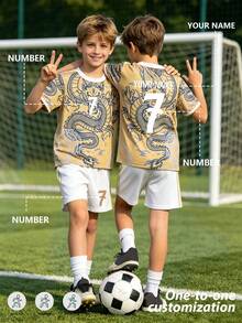Jersey Sepak Bola Anak Laki-laki & Perempuan Motif Naga Kuning, Ukuran 25-26 Tahun, 2pcs/Set, Kustomisasi Nama & Nomor/Gaya Bintang Klub Populer - Kuning - View 6