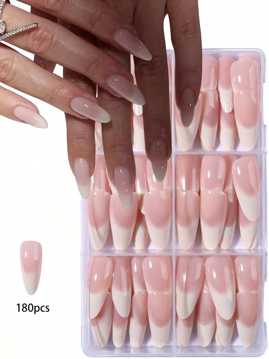 180pcs Long Almond Shape Milky White Gradient Design Press-On Nails, Acrylic Fake Nails Set, Includes 1pc Jelly Glue And 1pc Nail File - 彩色 - 查看 1