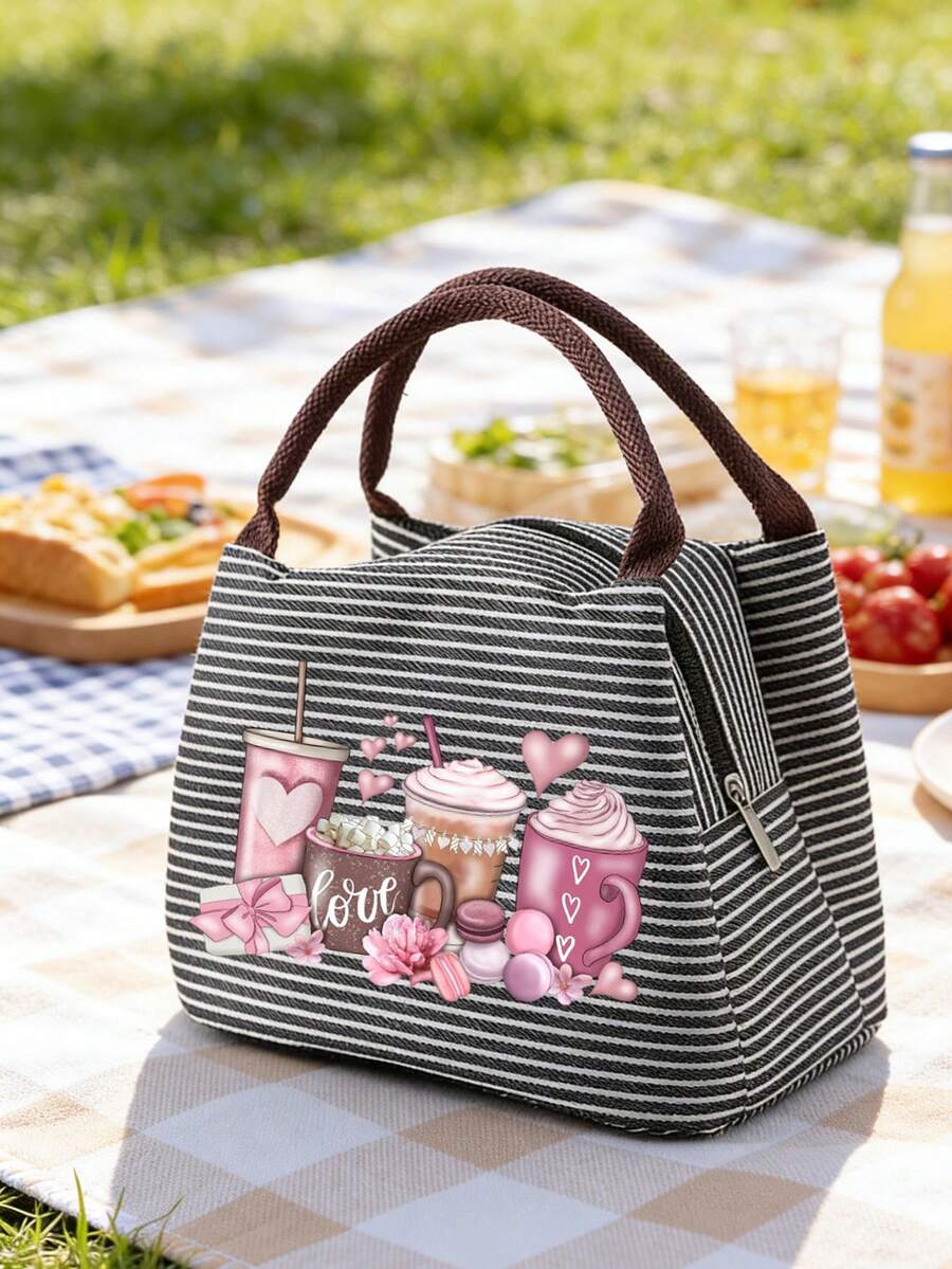 Insulated Lunch Bag With Pink Coffee Macaron, Bow And Envelope Pattern Design, For Women Coffee Lovers, With Black Utensil Storage Bag, Large Capacity, Student Meal Thermal & Cooler Bag, Portable Travel Picnic Bag, Office School Lunch Insulated Bag, Thermal Lunch Box, Work Lunch Box, Holiday Lunch Box, Multi-Functional Camping School Lunch Box For Men And Women - Multicolor - View 1