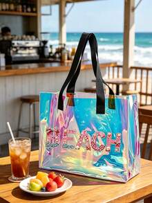 Iridescent Laser Transparent PVC Beach Tote Bag, Large Capacity Beach Letter + Matching Pattern Zipper Pouch, Waterproof Sand-Resistant Easy To Clean, Can Store Swimwear, Towels, Sunscreen, Cosmetics, Suitable For Beach Vacation, Pool Party, Camping Picnic, Short Trip Scenarios, Suitable For Students, Moms, Travel Girls, Qixi, Birthday, Summer Festival Gift, Also Can Be Used As Toiletry Bag, Shopping Bag, Travel Storage Bag - Multicolor - View 9
